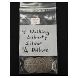 4 Walking Liberty Silver Half Dollars