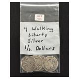 4 Walking Liberty Silver Half Dollars
