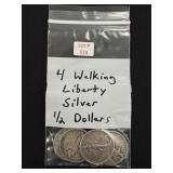 4 Walking Liberty Silver Half Dollars