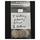 4 Walking Liberty Silver Half Dollars