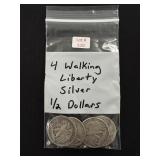 4 Walking Liberty Silver Half Dollars