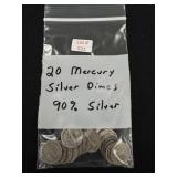 20 Mercury Silver Dimes - 90% Silver