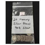 20 Mercury Silver Dimes - 90% Silver