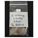 4 Walking Liberty Silver Half Dollars