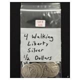 4 Walking Liberty Silver Half Dollars