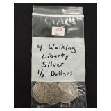 4 Walking Liberty Silver Half Dollars