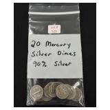 20 Mercury Silver Dimes - 90% Silver