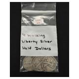 4 Walking Liberty Silver Half Dollars