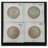 4 Walking Liberty Silver Half Dollars