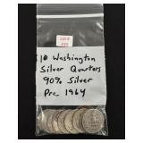 10 Washington Silver Quarters - 90% Silver