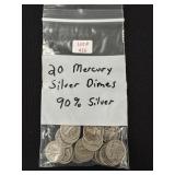 20 Mercury Silver Dimes - 90% Silver