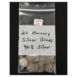 20 Mercury Silver Dimes - 90% Silver