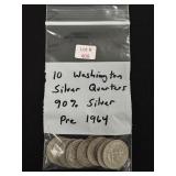 10 Washington Silver Quarters - 90% Silver