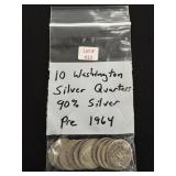 10 Washington Silver Quarters - 90% Silver