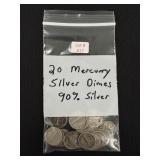 20 Mercury Silver Dimes - 90% Silver