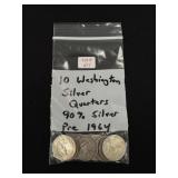 10 Washington Silver Quarters - 90% Silver