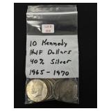 10 Kennedy Half Dollars - 40% Silver 1965-1970