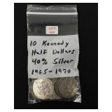 10 Kennedy Half Dollars - 40% Silver 1965-1970