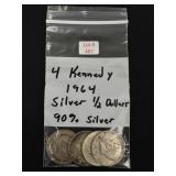 4 Kennedy 1964 Silver Half Dollars - 90% Silver