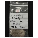 4 Walking Liberty Silver Half Dollars