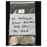 10 Washington Silver Quarters - 90% Silver