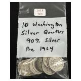 10 Washington Silver Quarters - 90% Silver