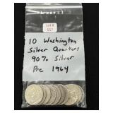 10 Washington Silver Quarters - 90% Silver
