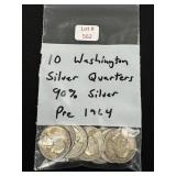 10 Washington Silver Quarters - 90% Silver