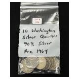 10 Washington Silver Quarters - 90% Silver
