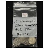 10 Washington Silver Quarters - 90% Silver