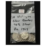 10 Washington Silver Quarters - 90% Silver