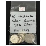 10 Washington Silver Quarters - 90% Silver