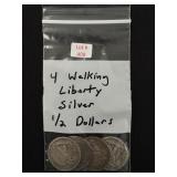4 Walking Liberty Silver Half Dollars