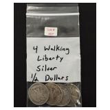 4 Walking Liberty Silver Half Dollars