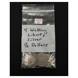 4 Walking Liberty Silver Half Dollars