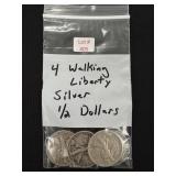 4 Walking Liberty Silver Half Dollars