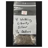 4 Walking Liberty Silver Half Dollars