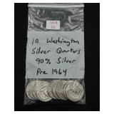 10 Washington Silver Quarters (Pre 64, 90% Silver)