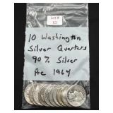 10 Washington Silver Quarters (Pre 64, 90% Silver)
