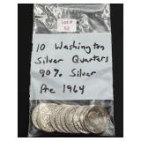 10 Washington Silver Quarters (Pre 64, 90% Silver)