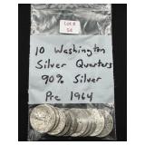 10 Washington Silver Quarters (Pre 64, 90% Silver)