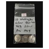10 Washington Silver Quarters - 90% Silver
