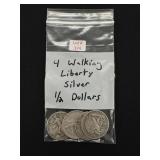 4 Walking Liberty Silver Half Dollars