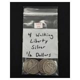 4 Walking Liberty Silver Half Dollars