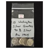 10 Washington Silver Quarters - 90% Silver