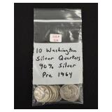 10 Washington Silver Quarters - 90% Silver