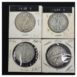 4 Walking Liberty Silver Half Dollars