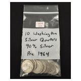 10 Washington Silver Quarters - 90% Silver