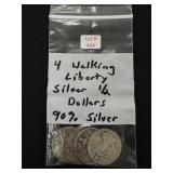 4 Walking Liberty Silver Half Dollars