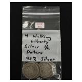 4 Walking Liberty Silver Half Dollars